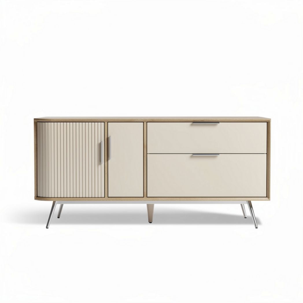 Lage kast met 2 lades en 1 deur van hout en kunststof van 150 x 45 x 70cm