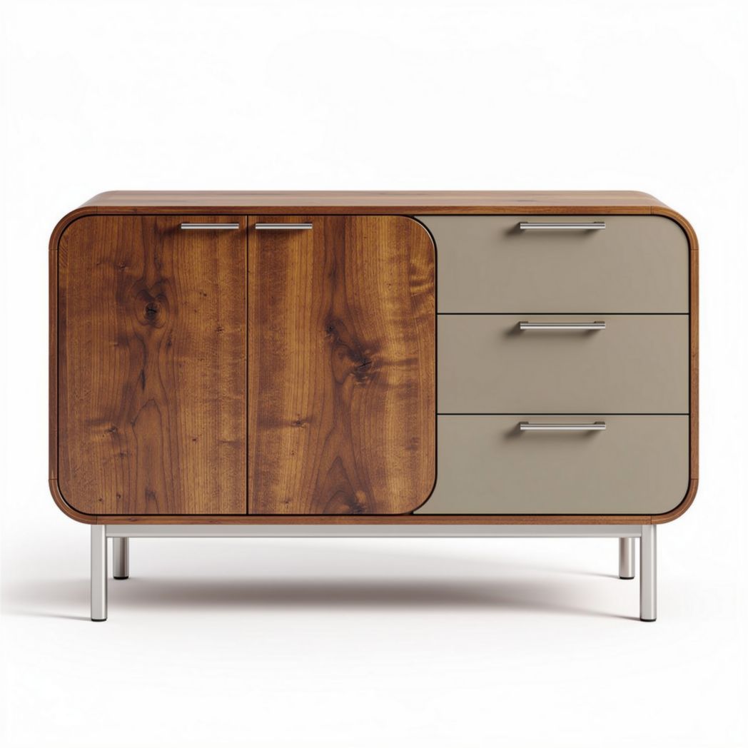Houten dressoir met metalen poten en drie lades 80 x 40 x 75cm