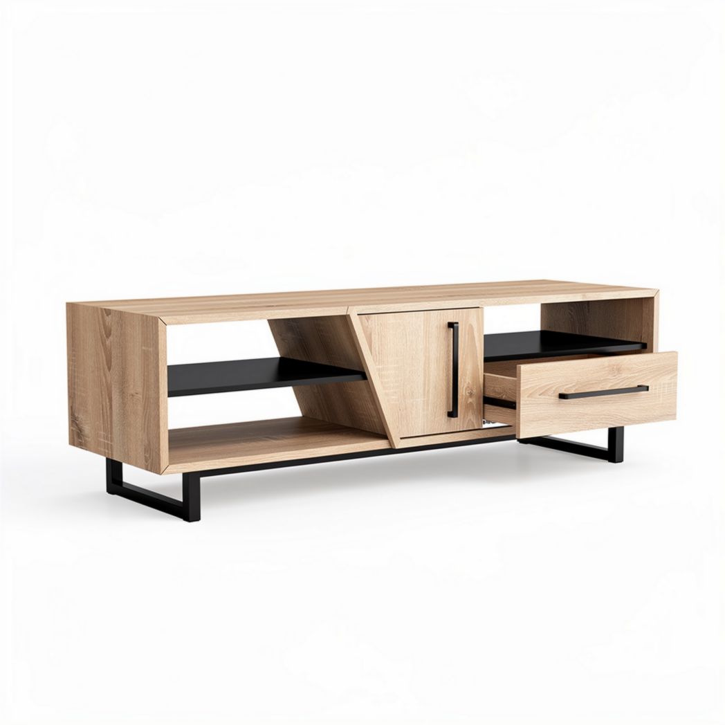 Elk houten tv-meubel met zwarte planken en een lade 150 x 40 x 50cm
