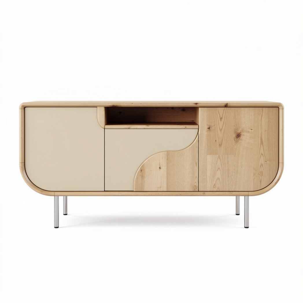 Dressoir van hout met deuren en open vak 150 x 40 x 70cm naturel en beige