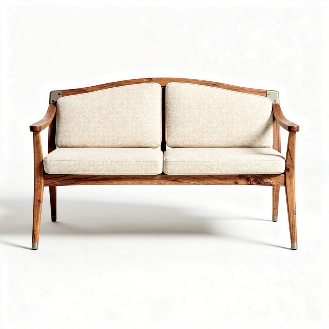 Houten bank van 150 x 80 x 75cm met beige stoffen kussens