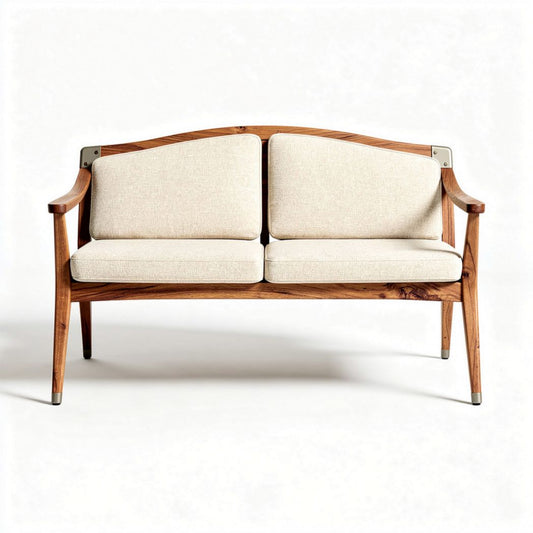 Houten bank van 150 x 80 x 75cm met beige stoffen kussens
