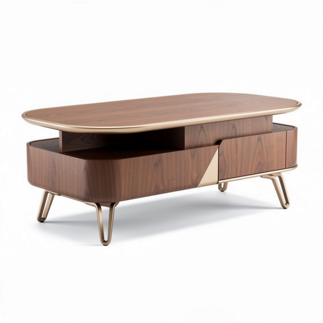 Salontafel van walnoot met gouden accenten en opbergruimte 120 x 60 x 40cm