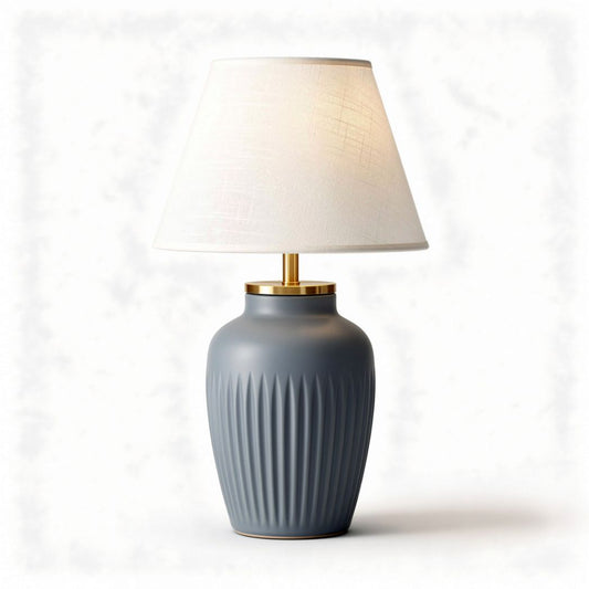 Tafel lamp van keramiek met grijze afwerking en witte kap 25 x 25 x 40cm